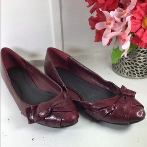 Patent Faux Leather Wine Flats with Button Bow